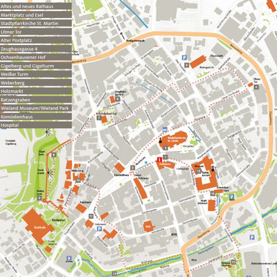 Das Bild zeigt den Stadtplan für den digitalen Stadtrundgang. Darauf sind die verschiedenen Stationen zur Stadtgeschichte und eine kurze Beschreibung zu sehen.
