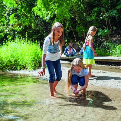 Children splash and play barefoot in a stream.