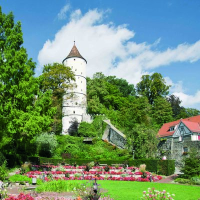 In the foreground is a city garden with a meadow and colorful flowers, behind it is the White Tower.