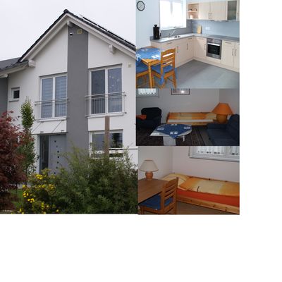 Collage aus vier Bildern die das Haus von außen zeigt.