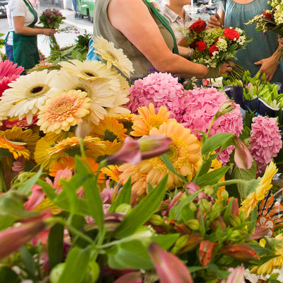 Im Vordergrund sind viele unterschiedliche und bunte Schnittblumen zu sehen. Im Hintergrund erkennt man eine Verkaufssituation in der eine Verkäuferin Frauen einen bunten Strauß präsentiert.